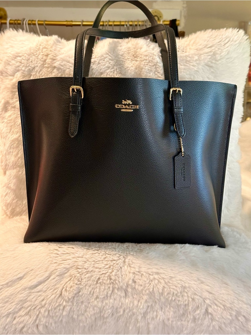 Authentic Coach Black Large Leather Mollie Tote with Gold Hardware
